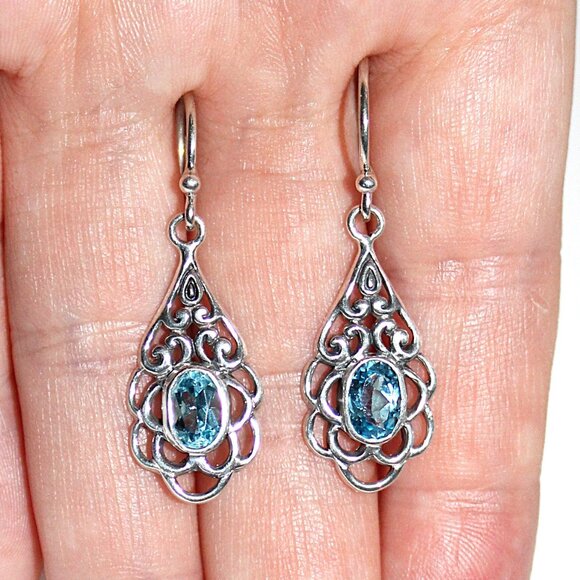 Sterling Silver Blue Topaz Dangle Earrings - Picture 4 of 4